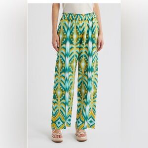 FARM RIO XS Linen Blend Stylish Green and Yellow Patterned Women's Pants
